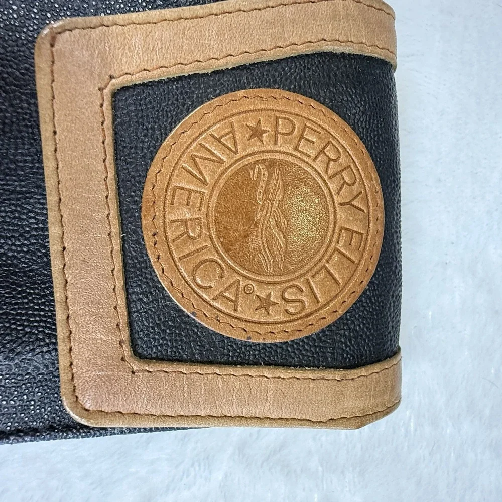 Vintage Perry Ellis America Black Tan Leather Long Wallet Clutch Logo